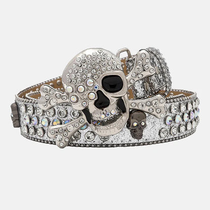 Skull Buckle Studded Rhinestone Belt