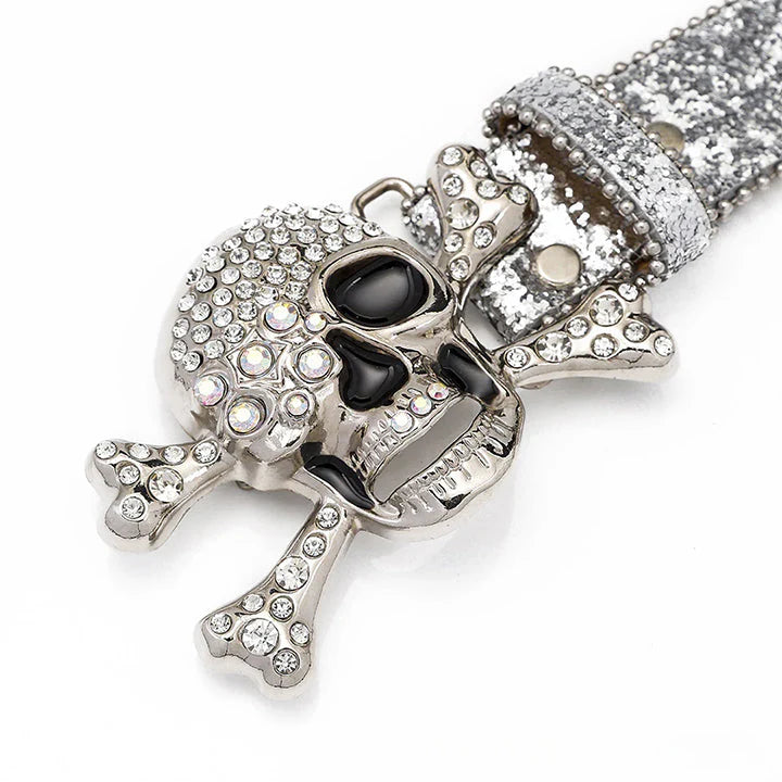 Skull Buckle Studded Rhinestone Belt